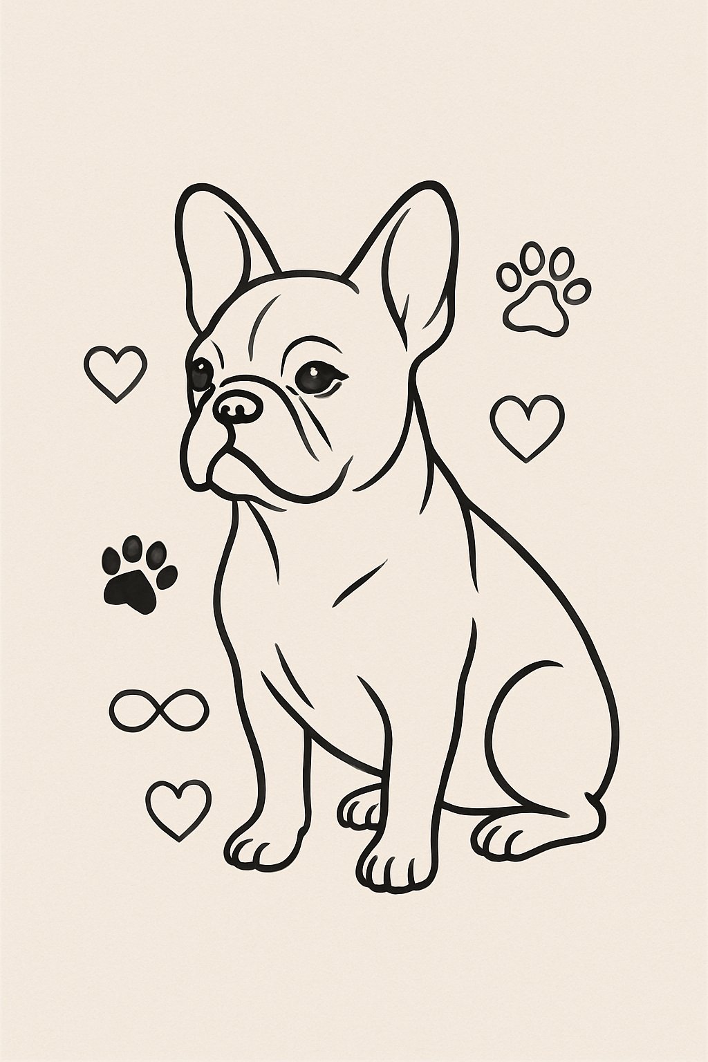 An outline drawing of a French Bulldog surrounded by small symbolic icons like hearts, paw prints, and infinity symbols on a plain background.