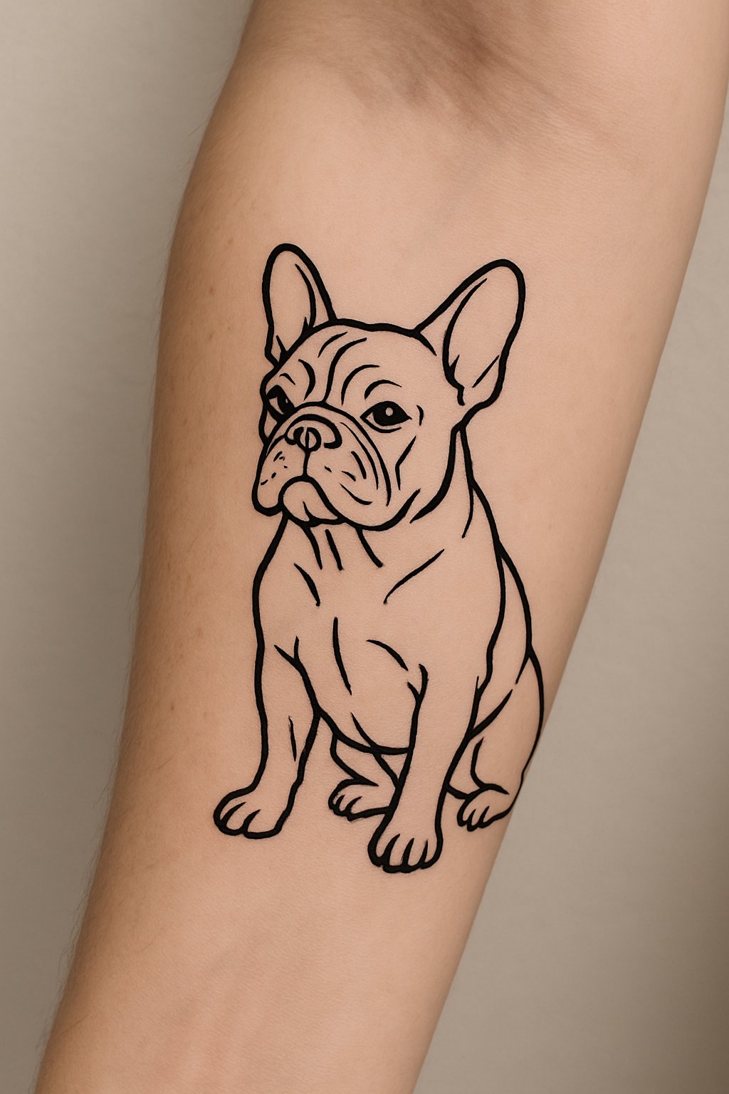Outline tattoo design of a French bulldog displayed on a forearm.