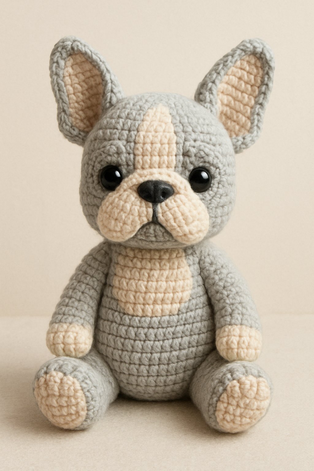 A crocheted French Bulldog doll sitting upright with light gray and cream yarn, featuring tall ears and button eyes.
