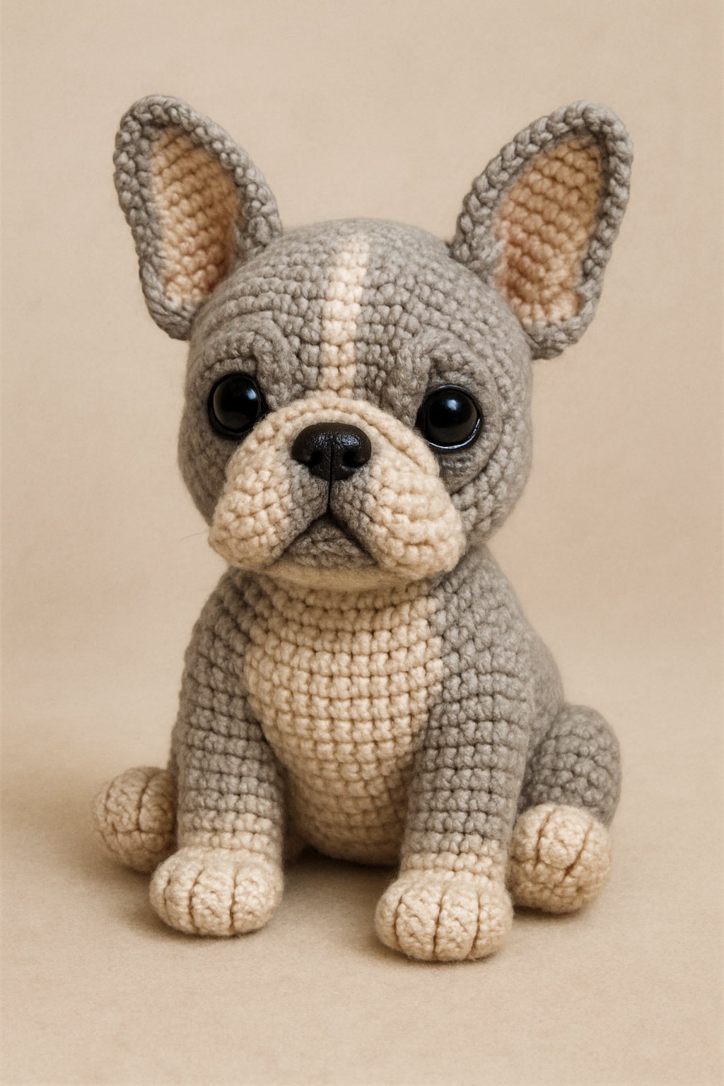 A crocheted French Bulldog doll sitting upright with large ears and dark eyes.