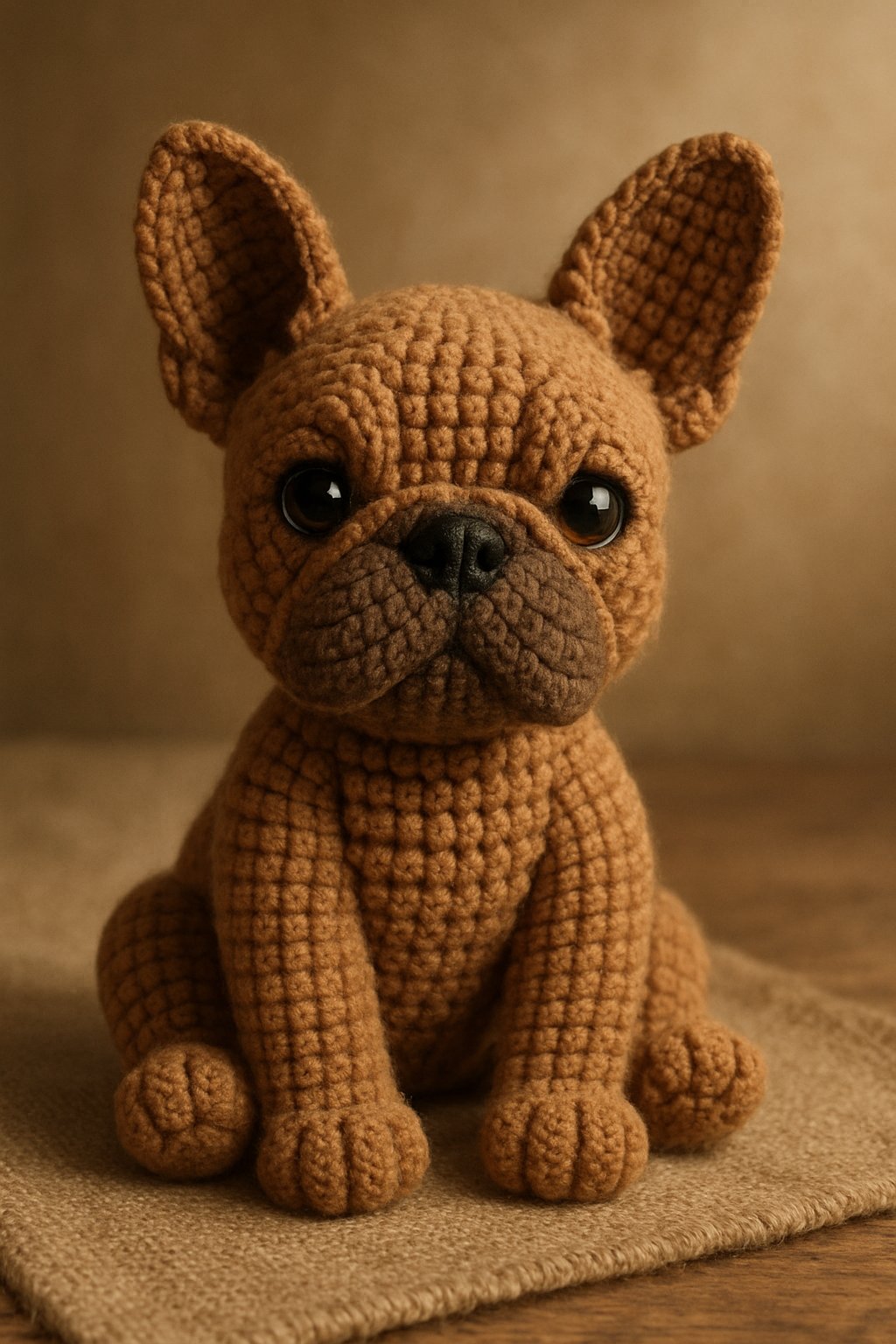 A handmade crochet French Bulldog amigurumi toy sitting in a simple, cozy setting.