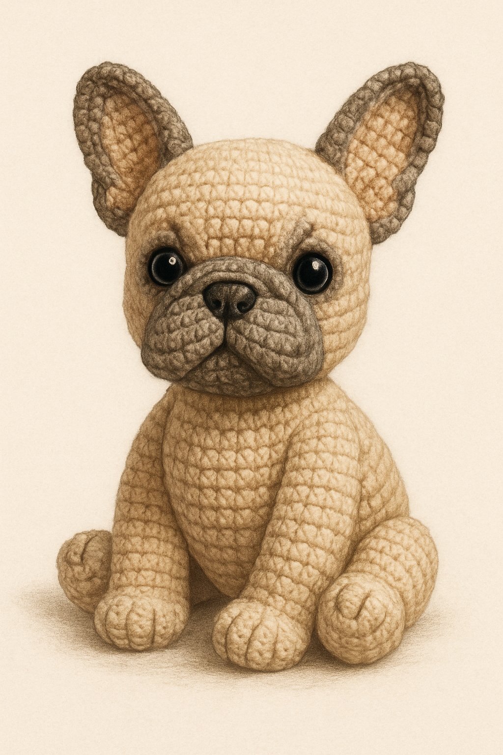 A crocheted French Bulldog amigurumi sitting upright with large ears and a light fawn body.