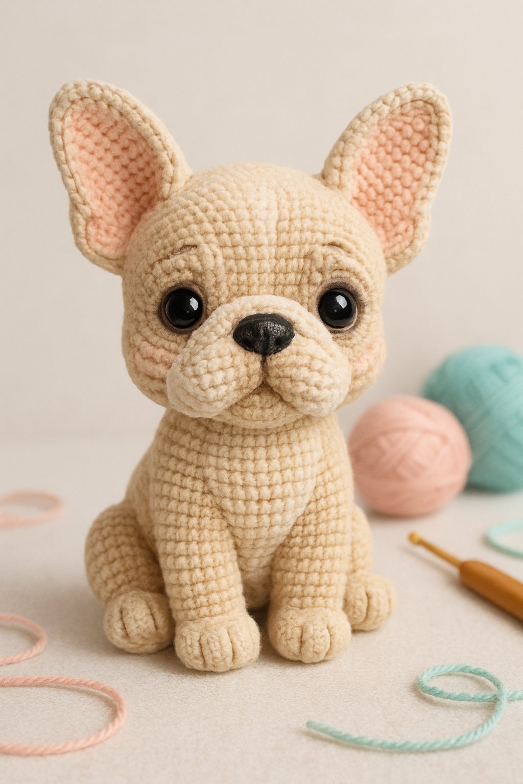 A crocheted French Bulldog puppy sitting with large ears and a friendly expression, surrounded by yarn and crochet tools.