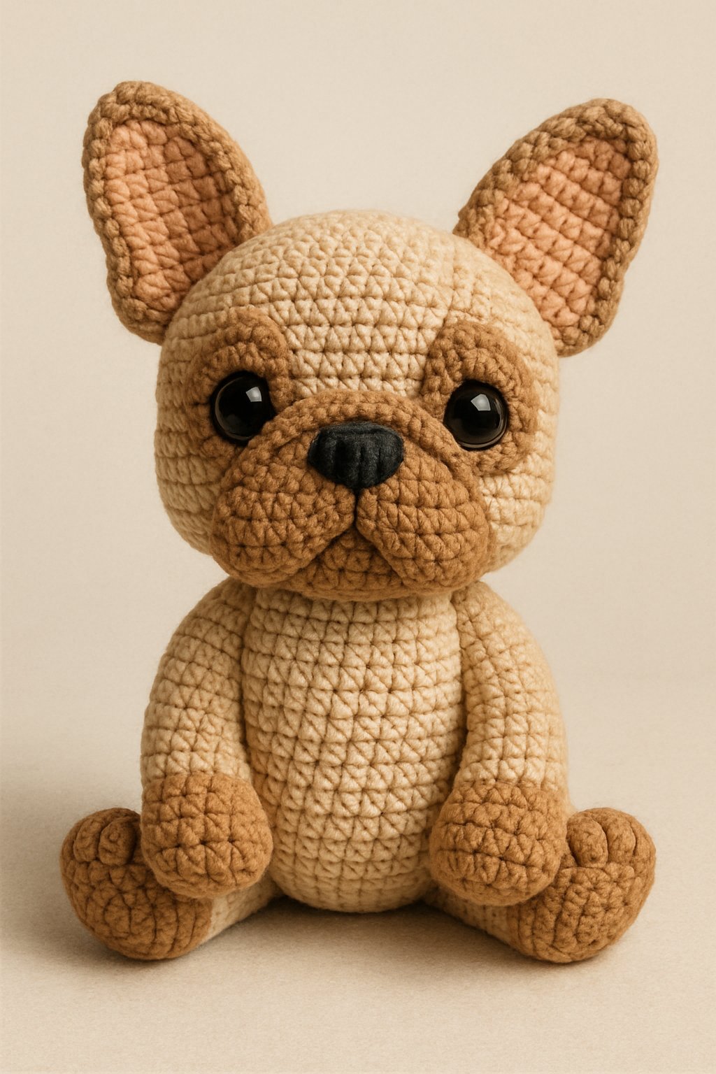 A crocheted French Bulldog plush toy sitting upright with large ears and a friendly expression.