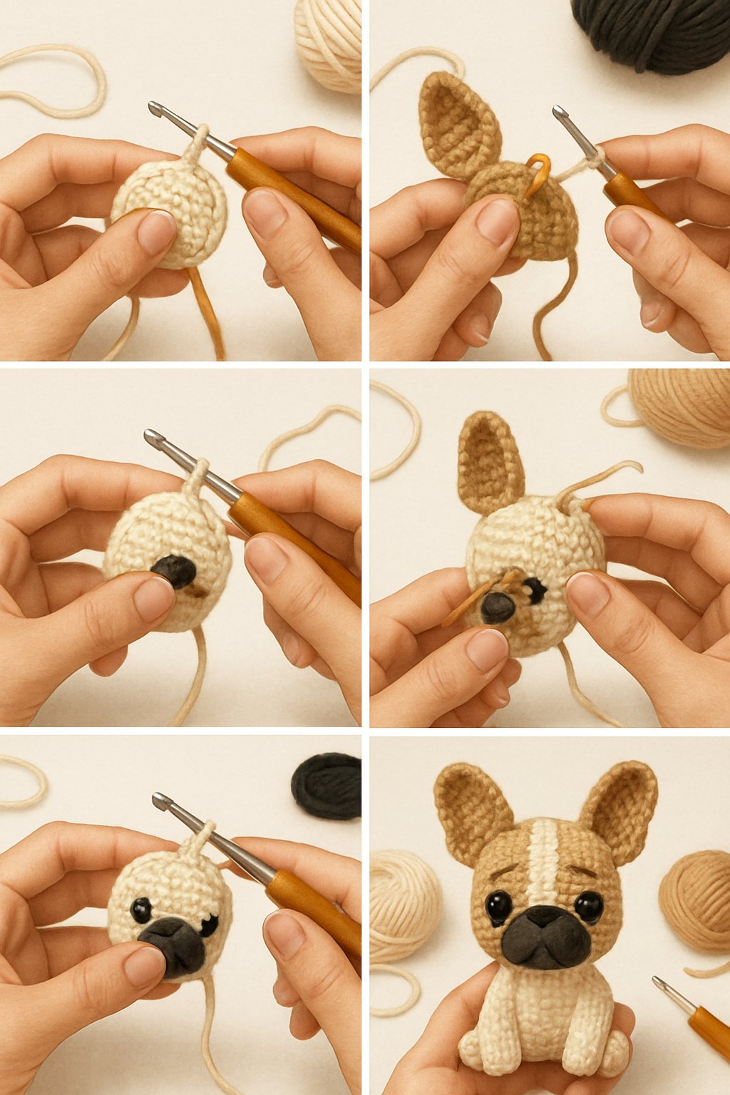 Hands crocheting a small French Bulldog plush toy, showing different stages of the crochet process with yarn and tools around.