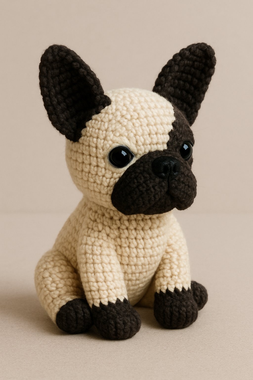 A sitting French Bulldog crochet plush with distinct color sections and detailed stitch texture.