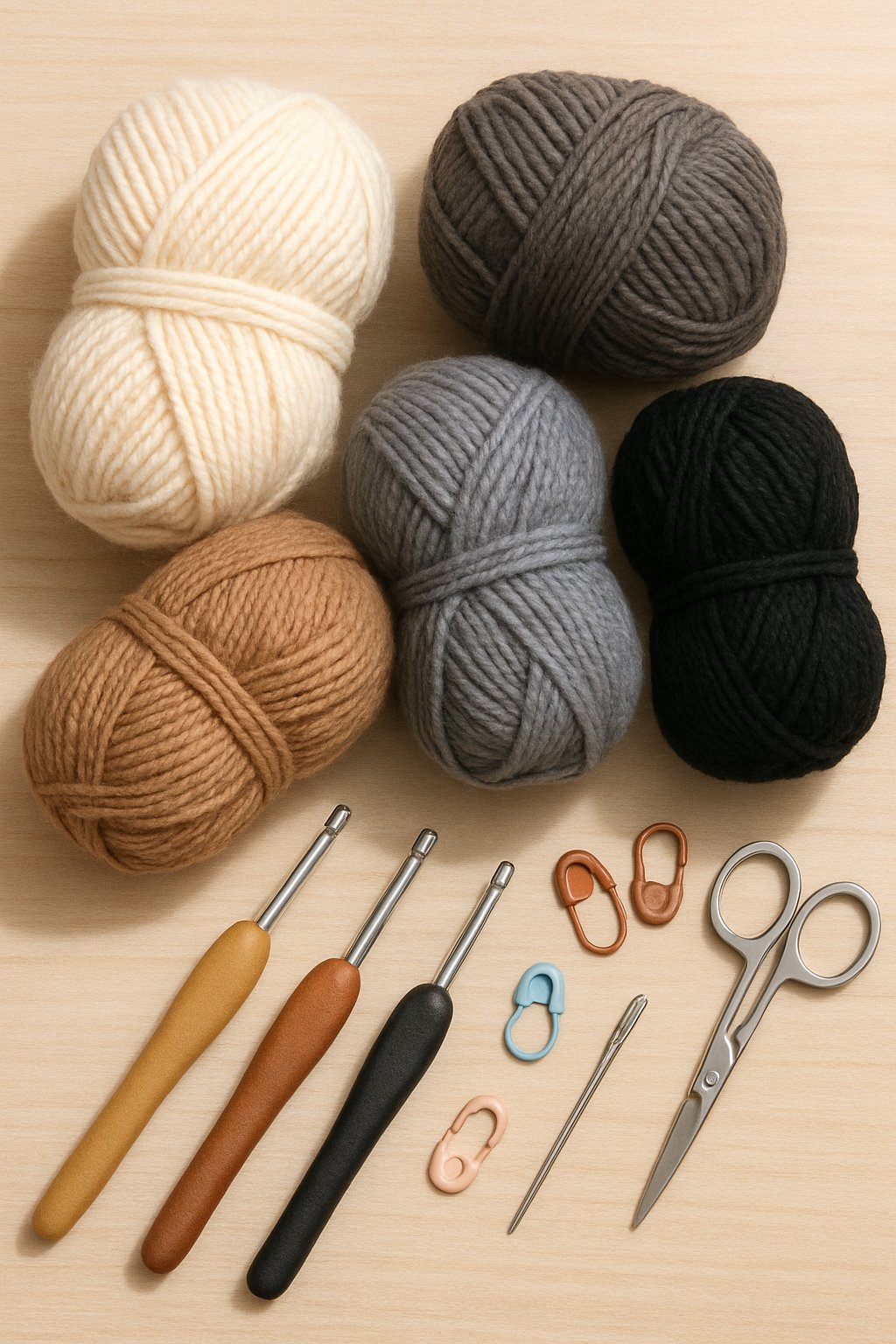 A selection of yarn in cream, brown, gray, and black colors with crochet hooks, scissors, stitch markers, and a yarn needle arranged on a wooden surface.