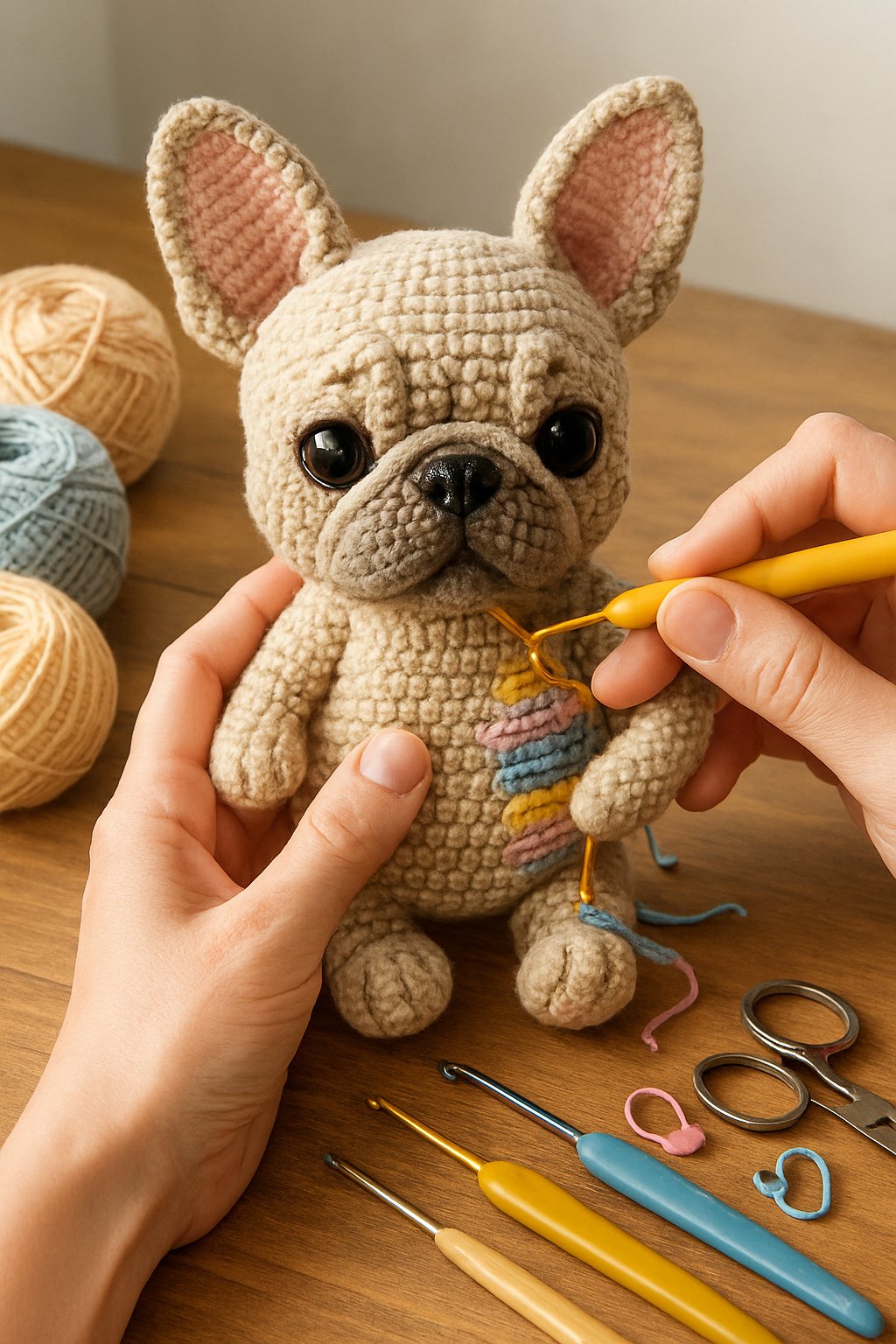 Hands customizing a small crocheted French Bulldog figure with yarn and crochet tools on a wooden table.