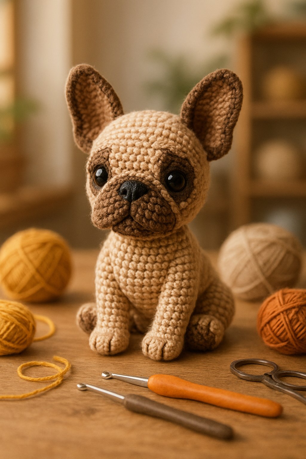 A crocheted French Bulldog plush sitting on a table surrounded by yarn and crochet tools.