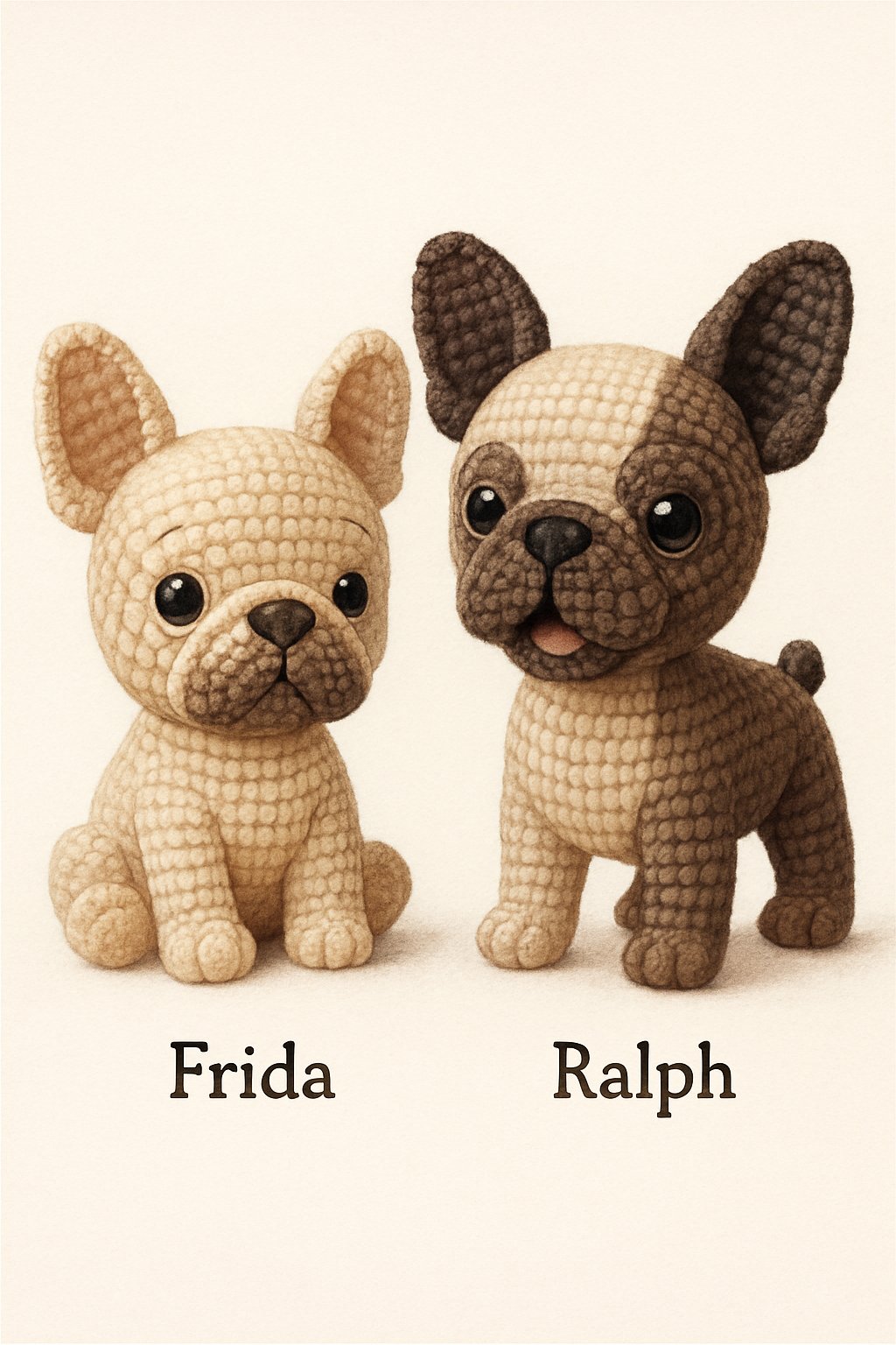 Two crocheted French Bulldogs, one sitting and one standing, displayed against a soft pastel background.