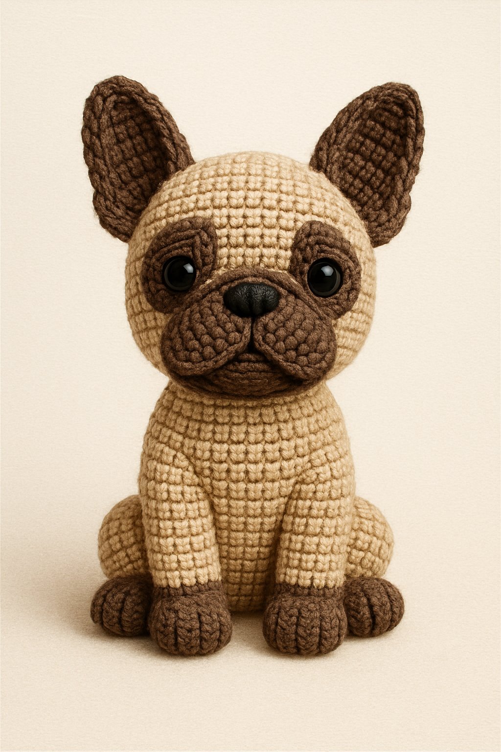 A small crocheted French Bulldog toy sitting upright with a friendly expression.
