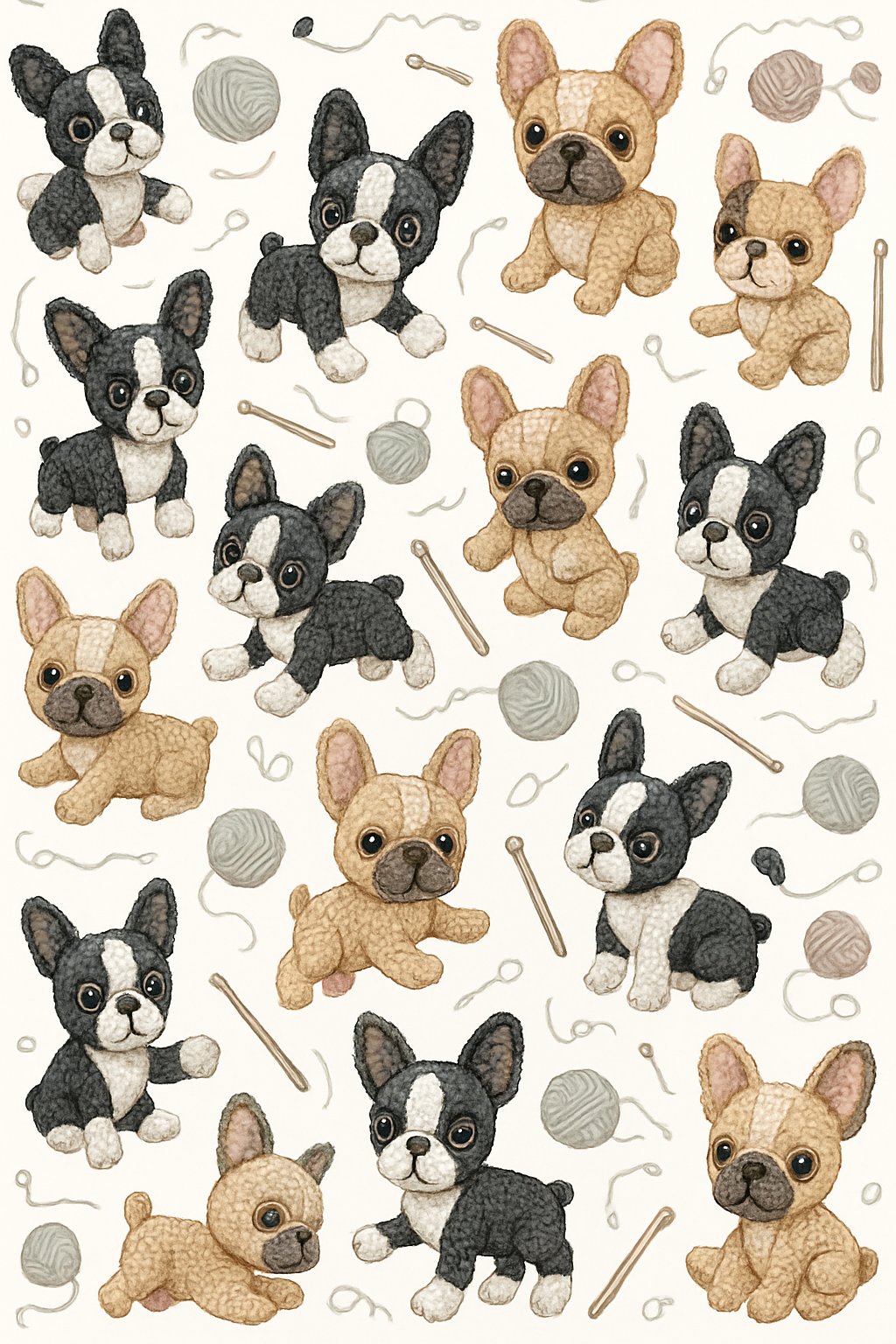 A seamless pattern featuring playful Boston Terriers and French Bulldogs surrounded by yarn balls and crochet hooks.