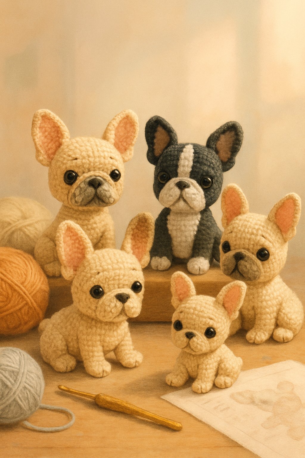 A group of crocheted French bulldog dolls arranged on a table with yarn and crochet tools nearby.