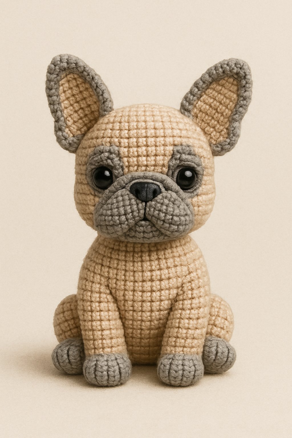 A small crocheted French Bulldog sitting upright, showing its distinctive ears and snout.