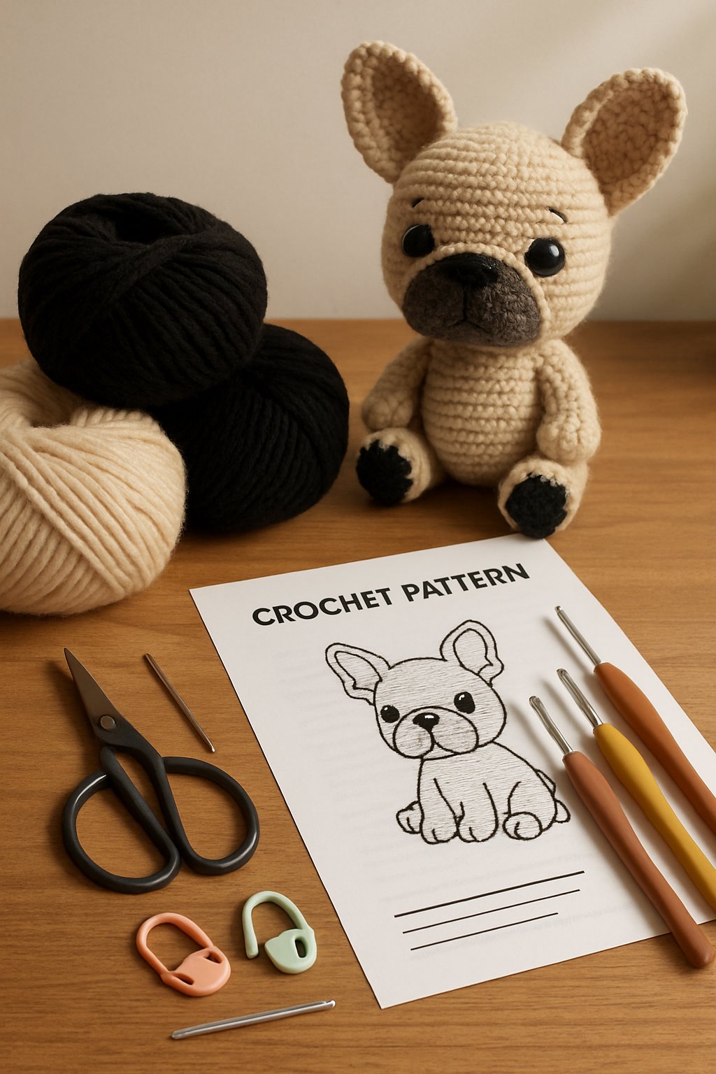 A collection of yarn, crochet hooks, scissors, stitch markers, and a partially completed amigurumi French Bulldog on a wooden table.