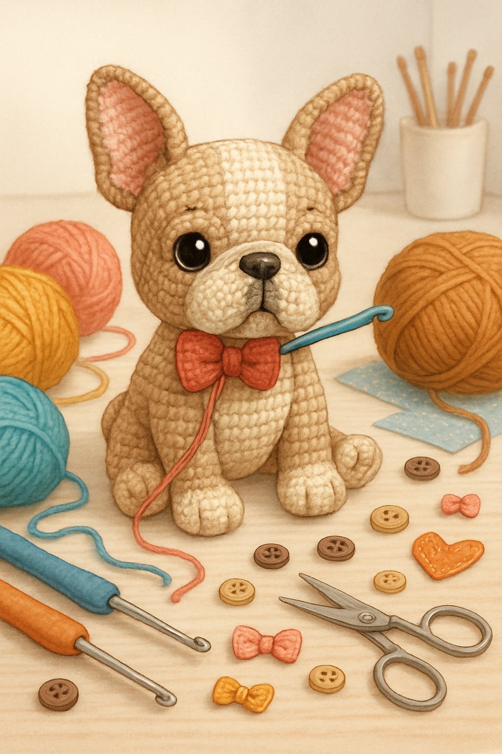A close-up of a crocheted French Bulldog toy surrounded by yarn, crochet hooks, scissors, and small decorative accessories on a clean workspace.
