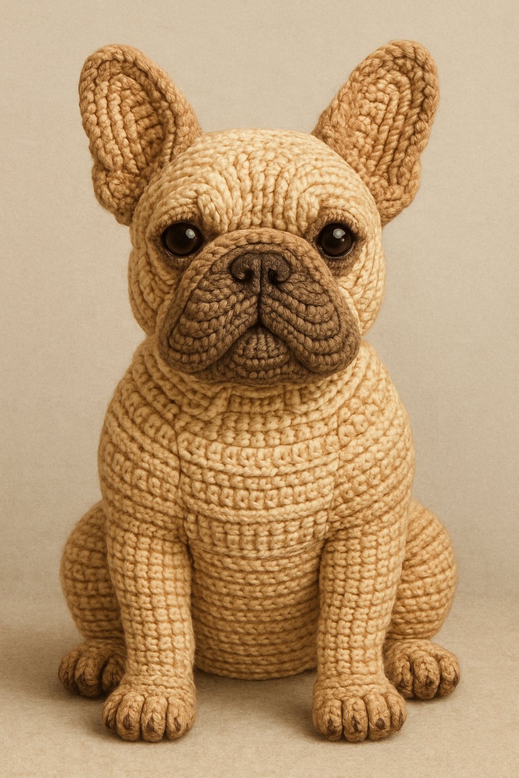 A crocheted French Bulldog sitting upright with a calm expression, showing detailed yarn texture.