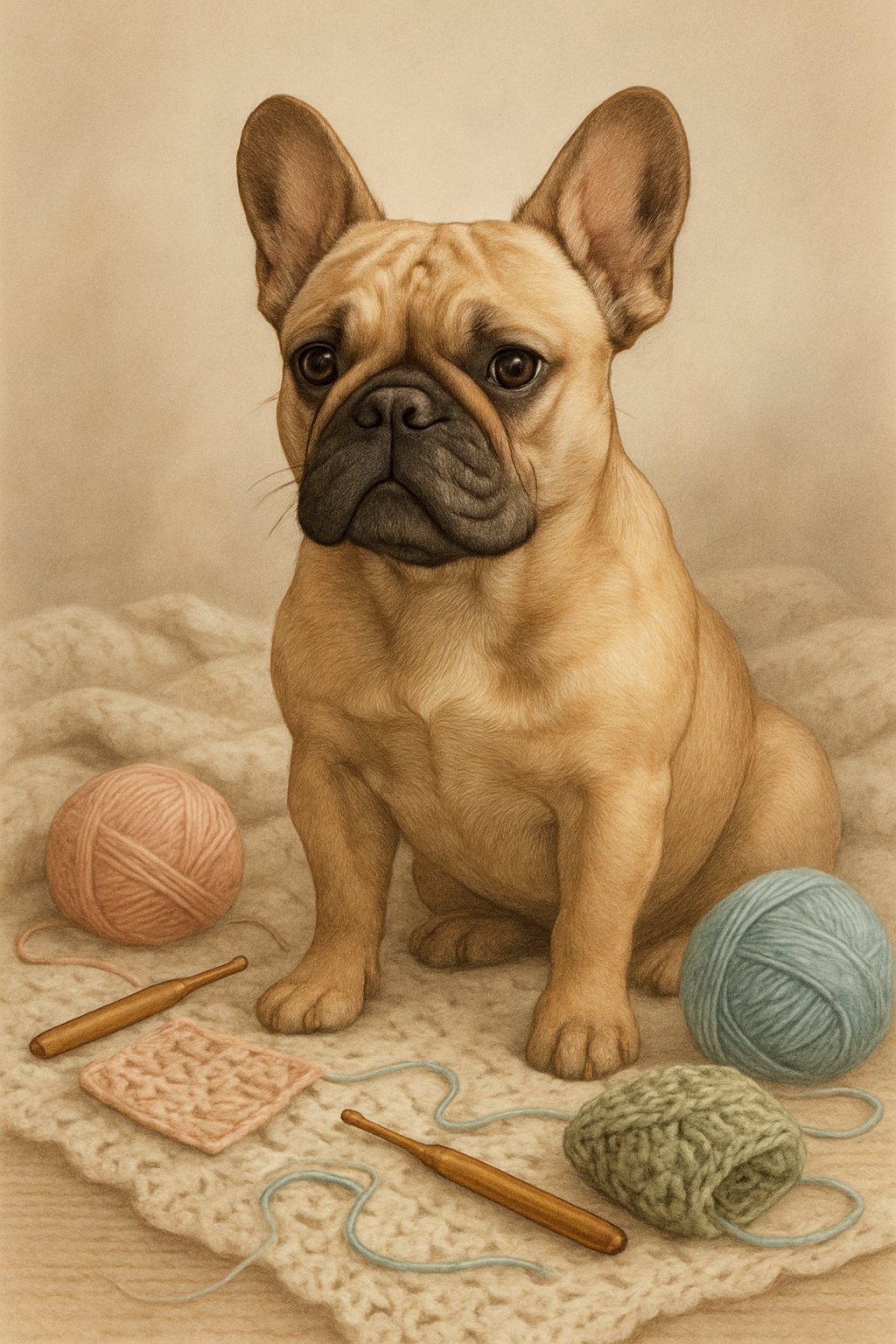 A French Bulldog sitting on a crochet blanket surrounded by yarn and crochet hooks.