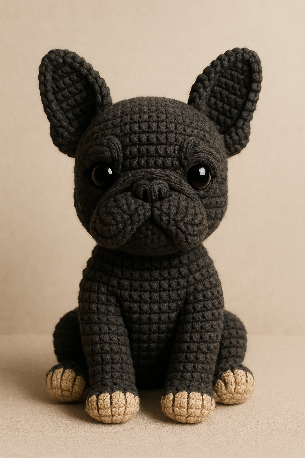 A crocheted black French Bulldog amigurumi sitting upright with visible yarn texture and detailed features.
