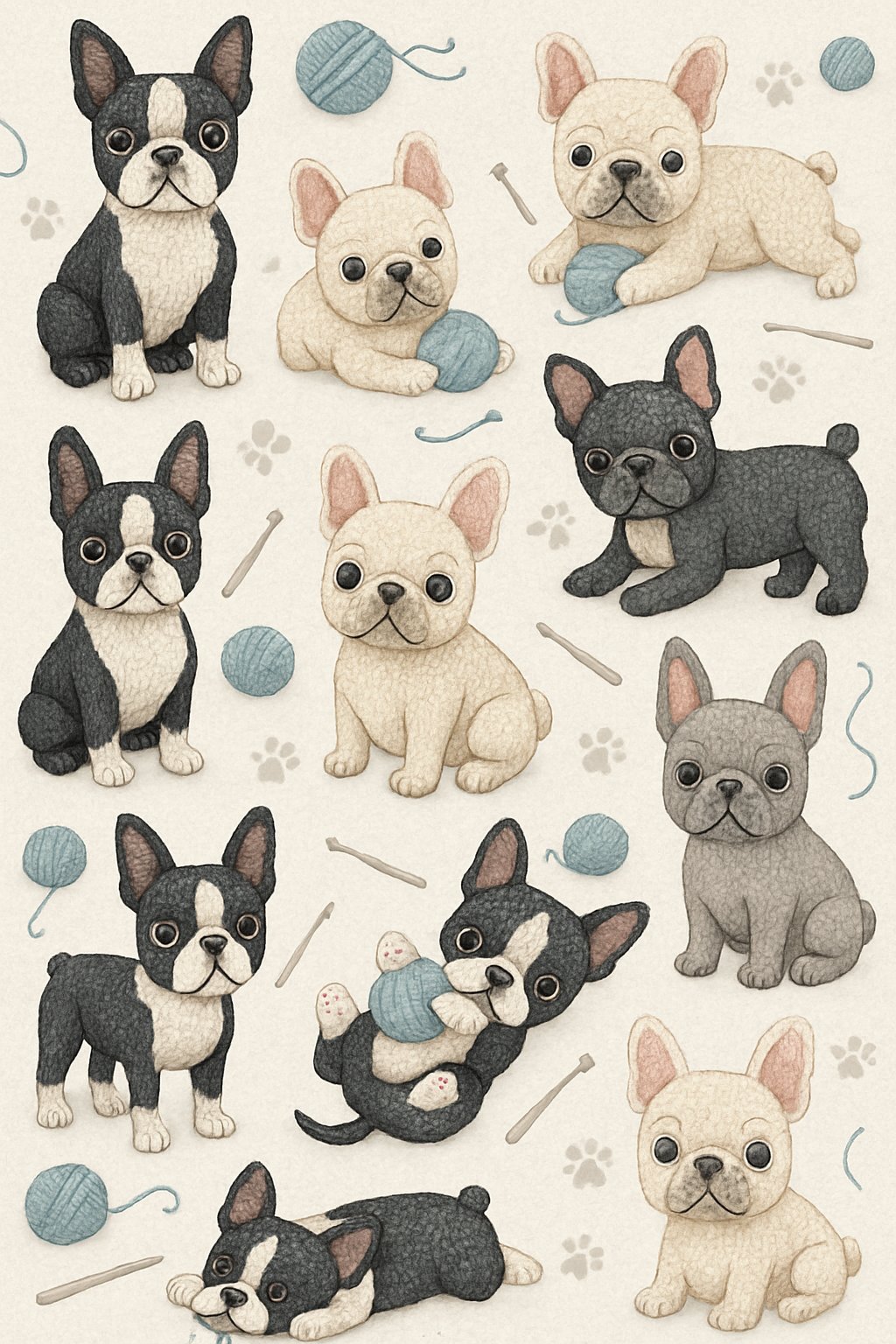 A repeating pattern showing playful Boston Terriers and French Bulldogs with crochet-themed elements like yarn balls and hooks on a light background.
