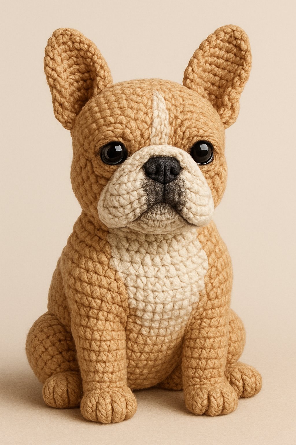 A crocheted French Bulldog sitting upright with a calm expression on a plain background.