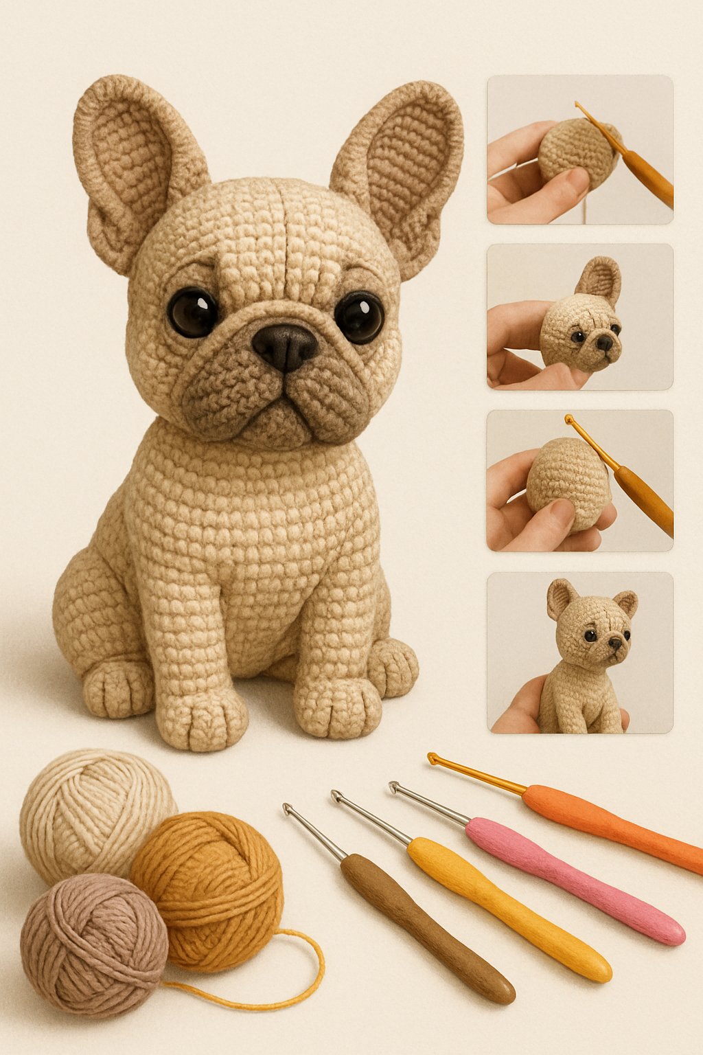 A crochet French Bulldog sitting with crochet yarn, hooks, and photos showing the steps to make it.