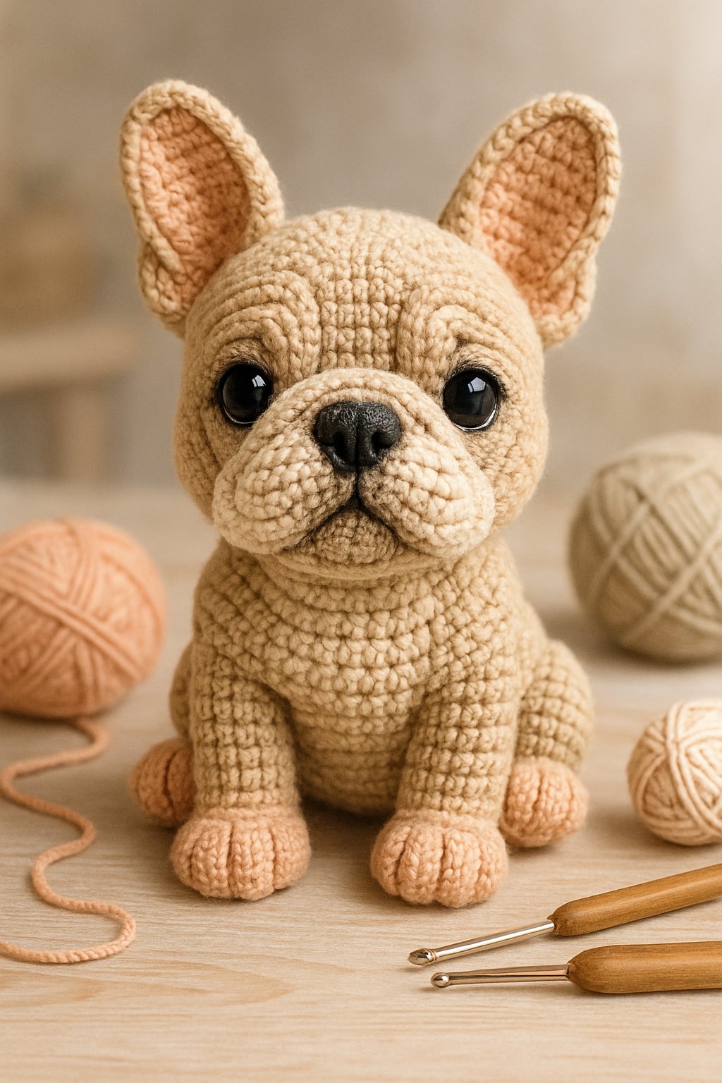 A crocheted French Bulldog sitting surrounded by yarn and crochet hooks on a crafting table.