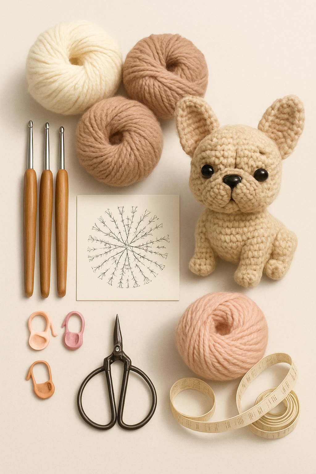 A collection of crochet tools and materials arranged around a partially completed crochet French Bulldog figure.