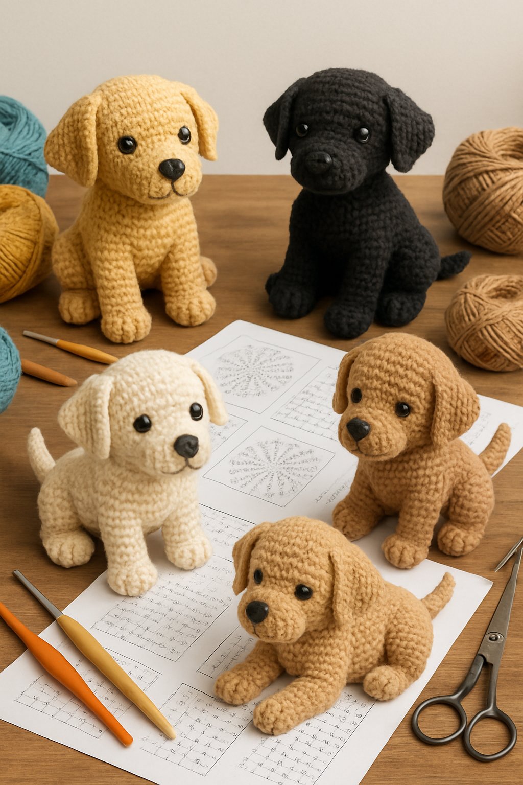 A collection of crocheted Labrador dogs displayed on a table with yarn, crochet hooks, scissors, and pattern sheets.