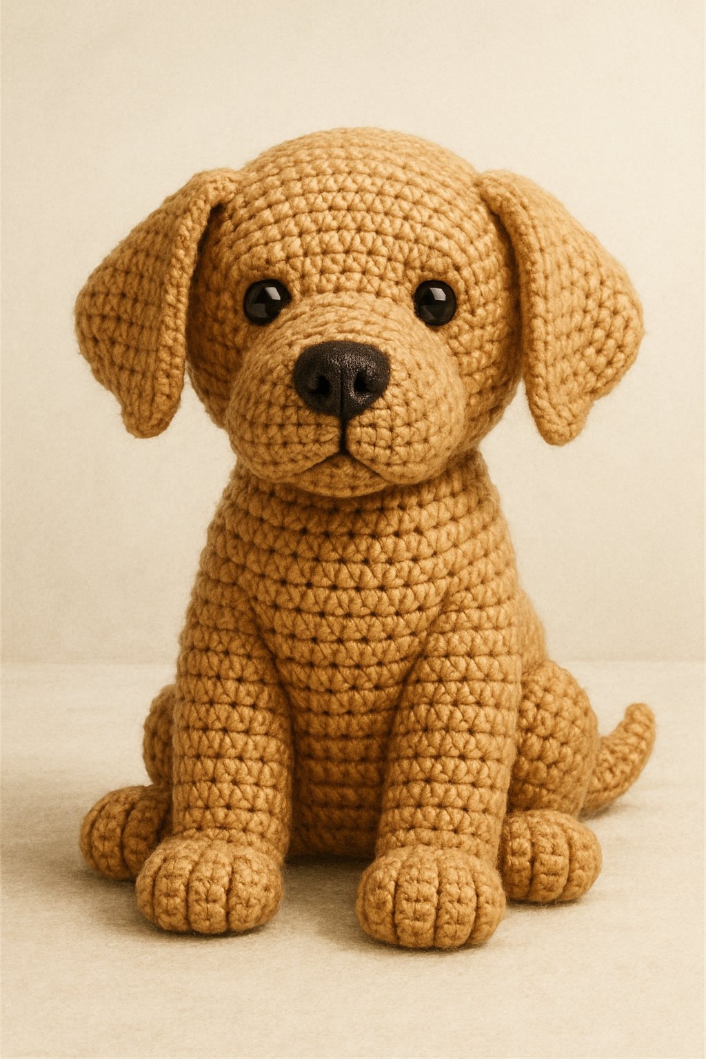 A crocheted Labrador dog with floppy ears sitting upright, made from golden yarn with visible stitches.