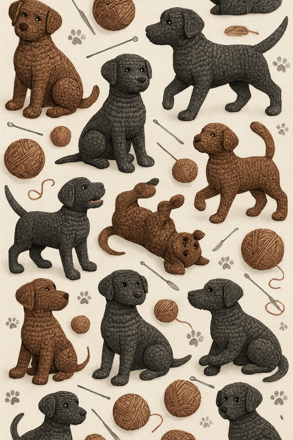 A repeating pattern of chocolate and black Labradors in different poses with crochet yarn and hooks on a neutral background.