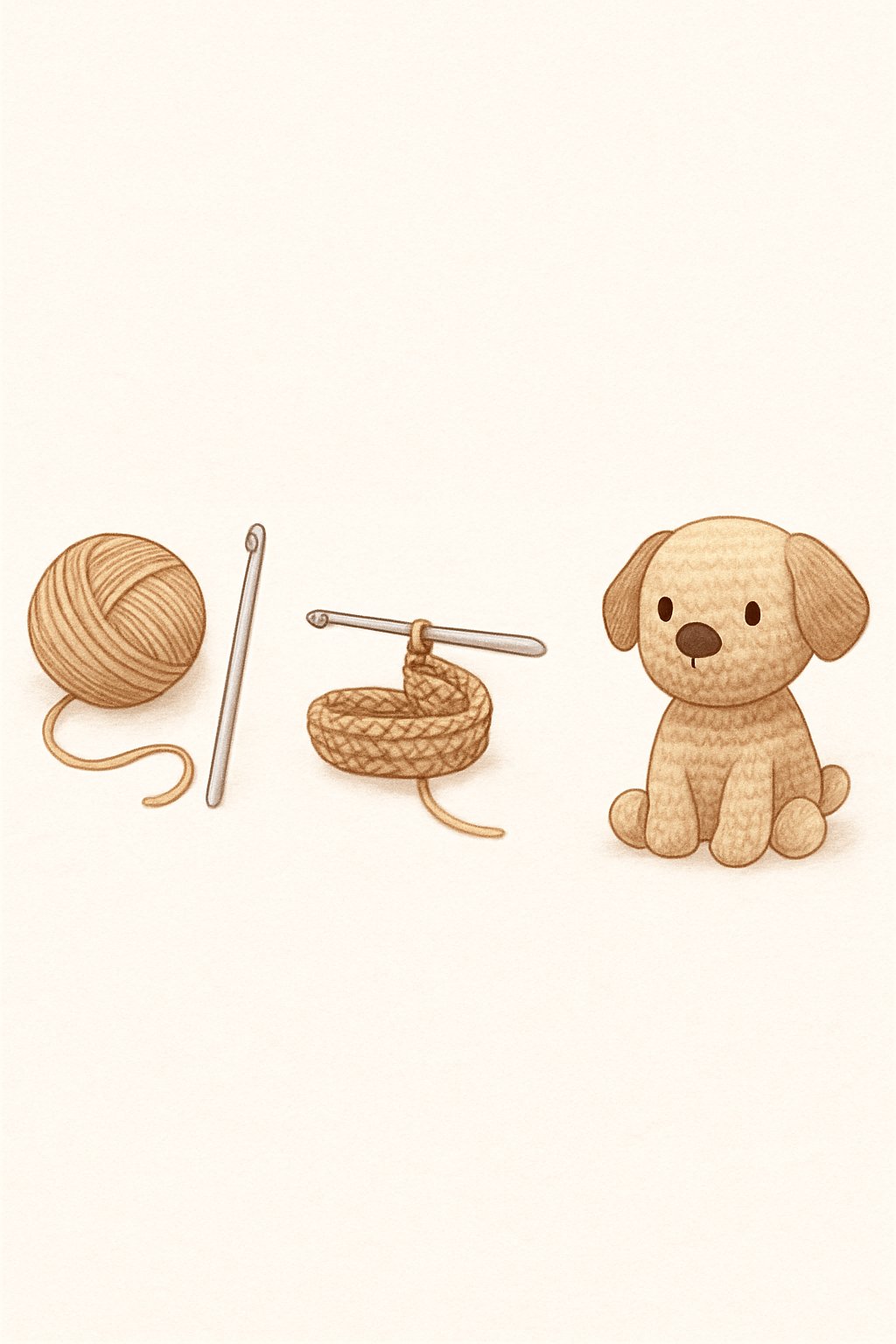 A series of images showing step-by-step stages of crocheting a Labrador dog from yarn to a finished figure.