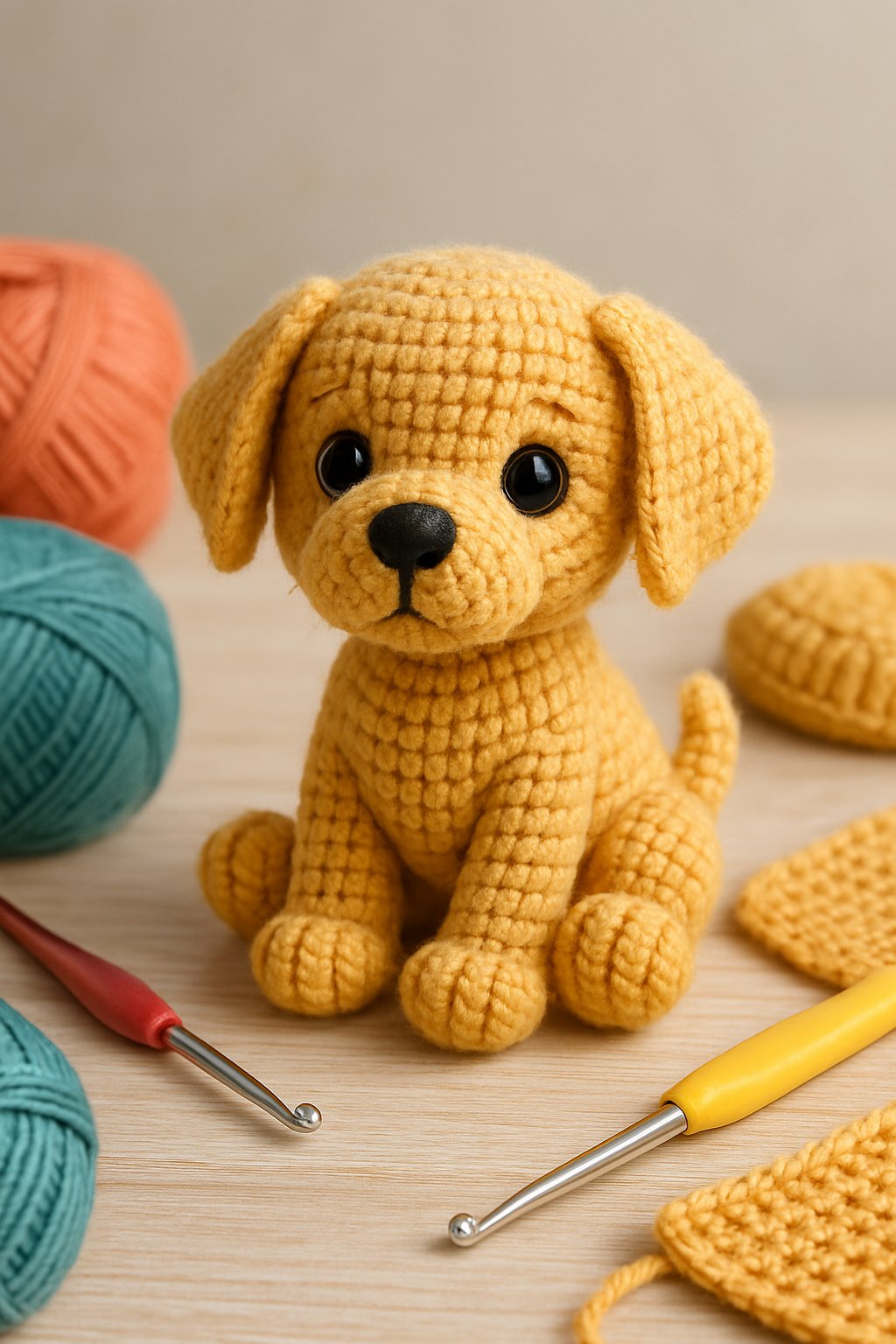 A small crochet Labrador puppy toy sitting among yarn balls and crochet hooks on a wooden surface.