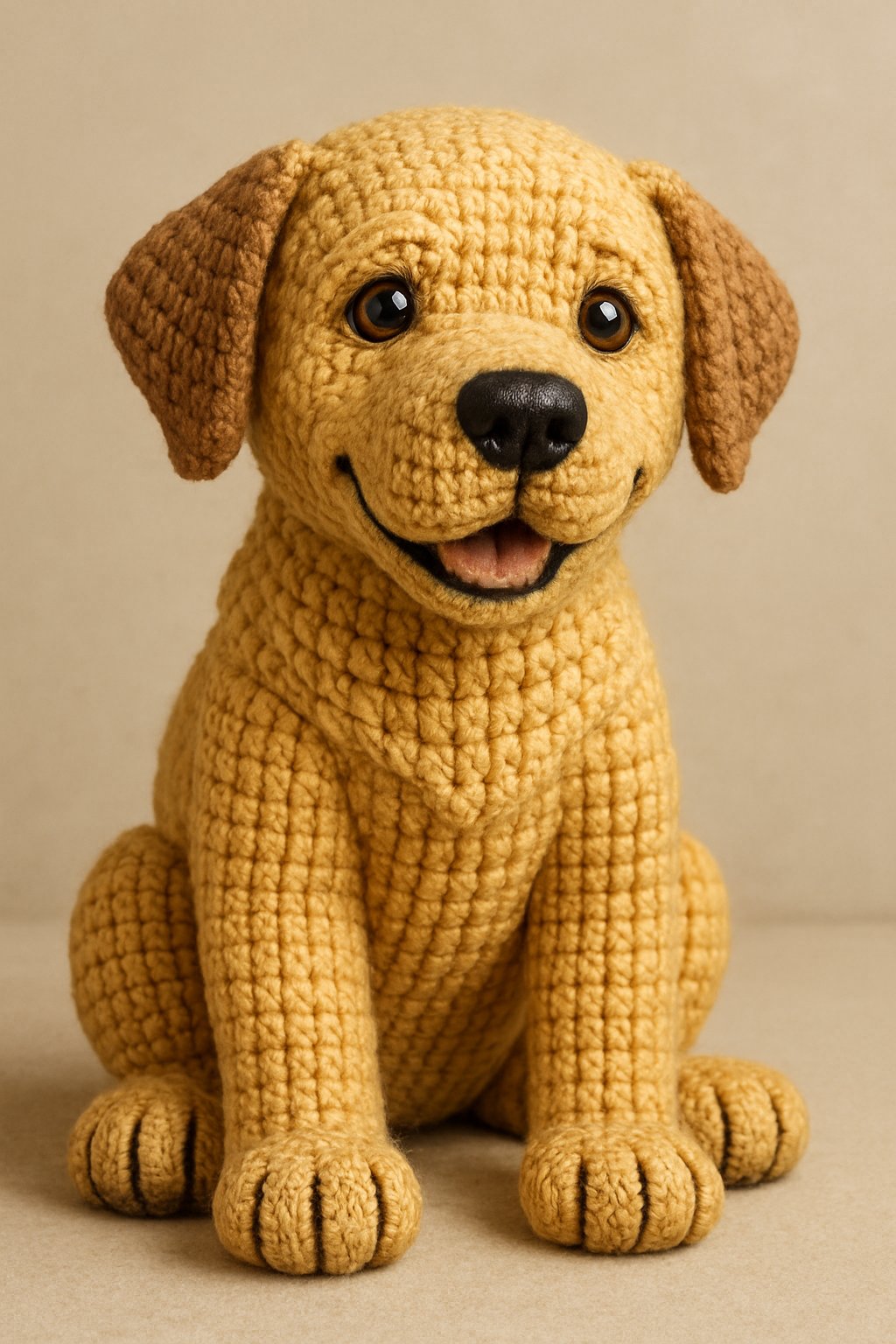 A detailed crocheted Labrador dog with an expressive face, sitting upright on a plain background.
