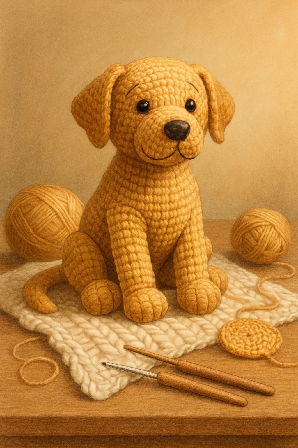 A handmade crochet Labrador dog sitting on a knitted blanket with yarn and crochet tools nearby.