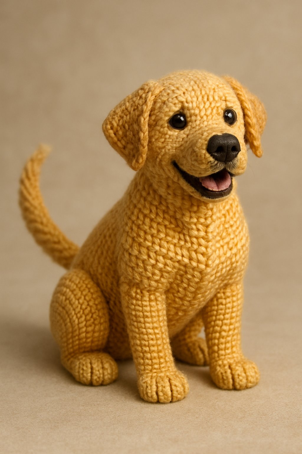 A crocheted Labrador retriever with a wagging tail sitting and looking joyful.