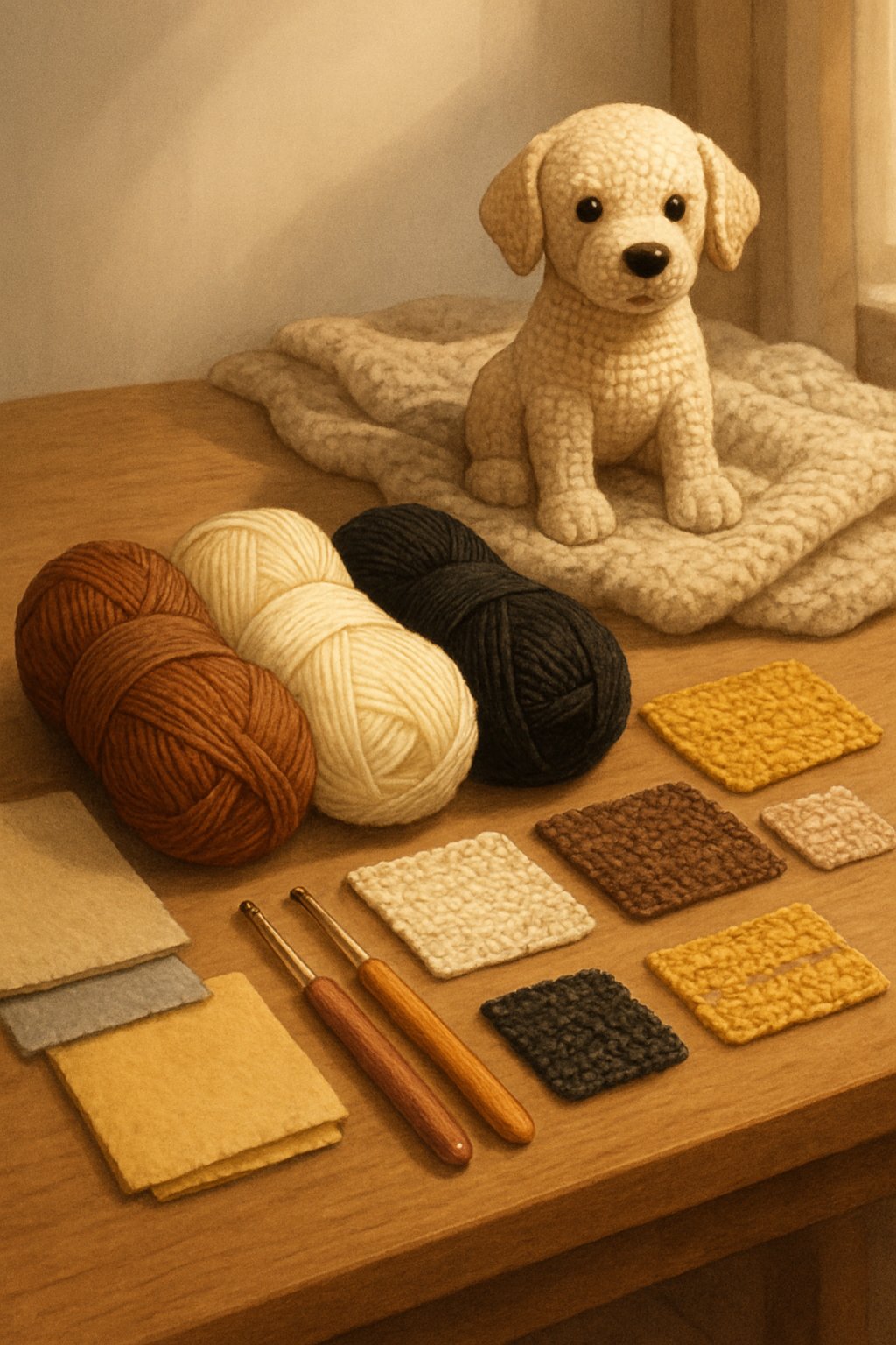 A table with colorful yarn, crochet hooks, fabric swatches, and a partially completed crochet Labrador dog figure.
