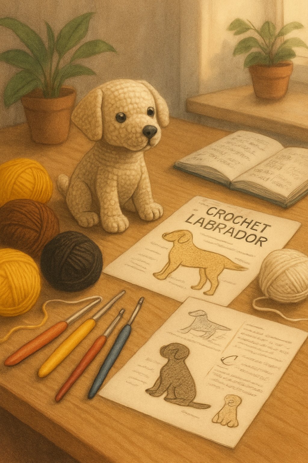 A crafting workspace with yarn, crochet hooks, Labrador dog crochet patterns, and a partially completed crocheted Labrador figure on a wooden table.