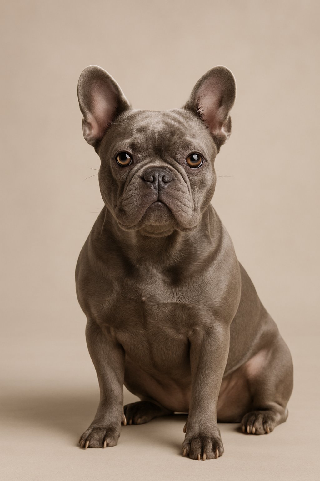 A full-grown lilac French Bulldog sitting and looking forward against a plain background.