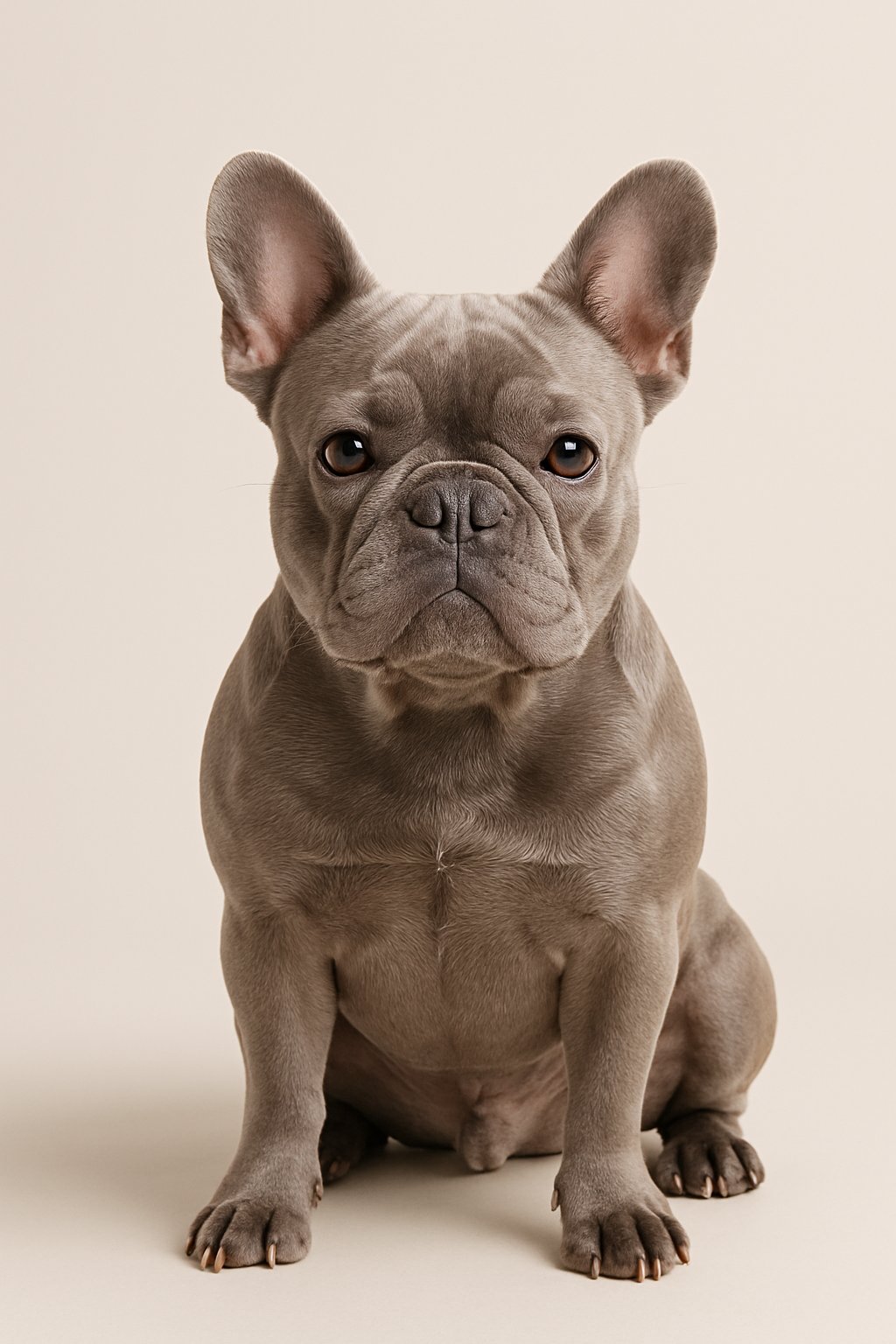 A full grown lilac French Bulldog sitting and looking forward against a plain background.