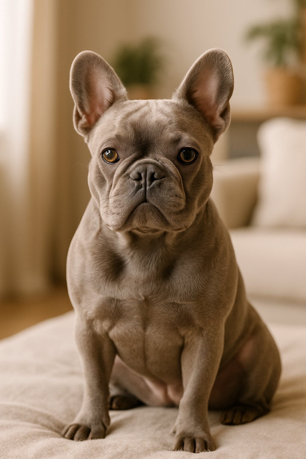 A full-grown lilac French Bulldog sitting indoors on a soft surface with a blurred background.