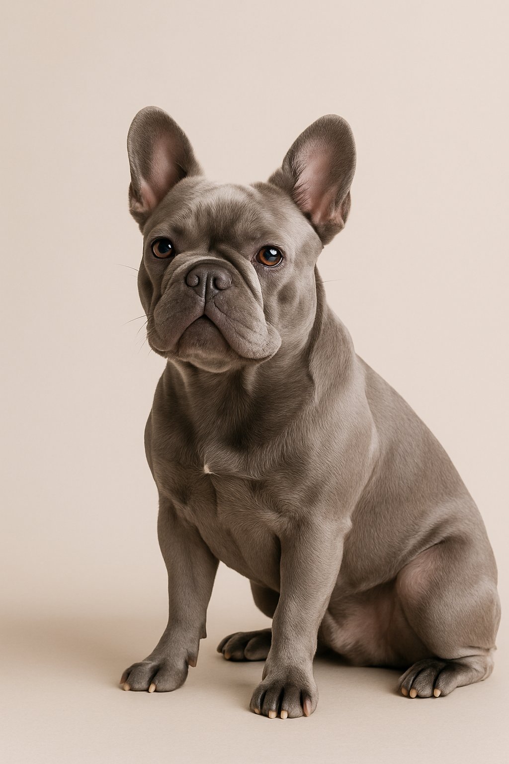 A full-grown lilac French Bulldog sitting on a neutral background looking slightly to the side.