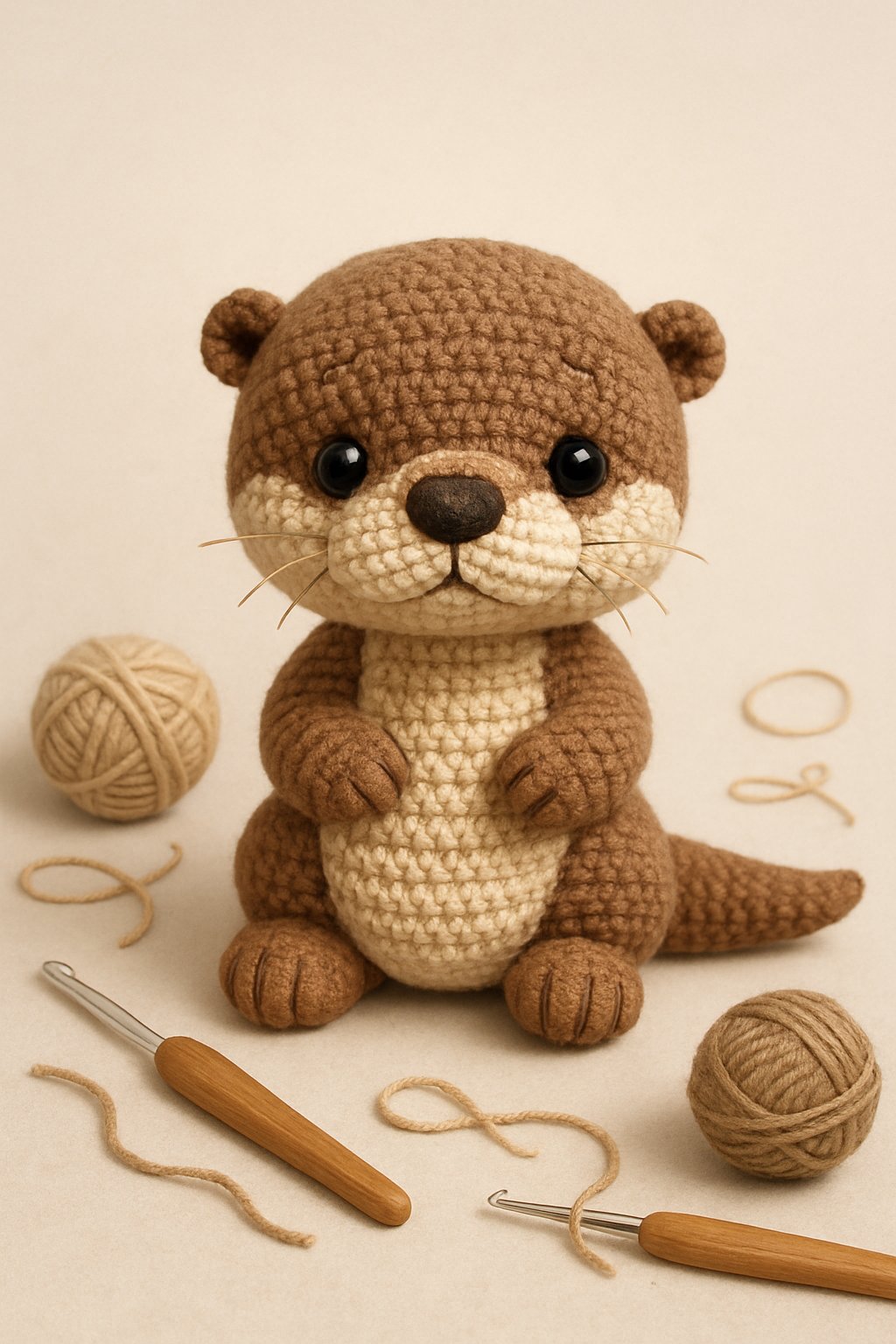 A small crocheted otter plush toy with yarn balls and crochet hooks around it.