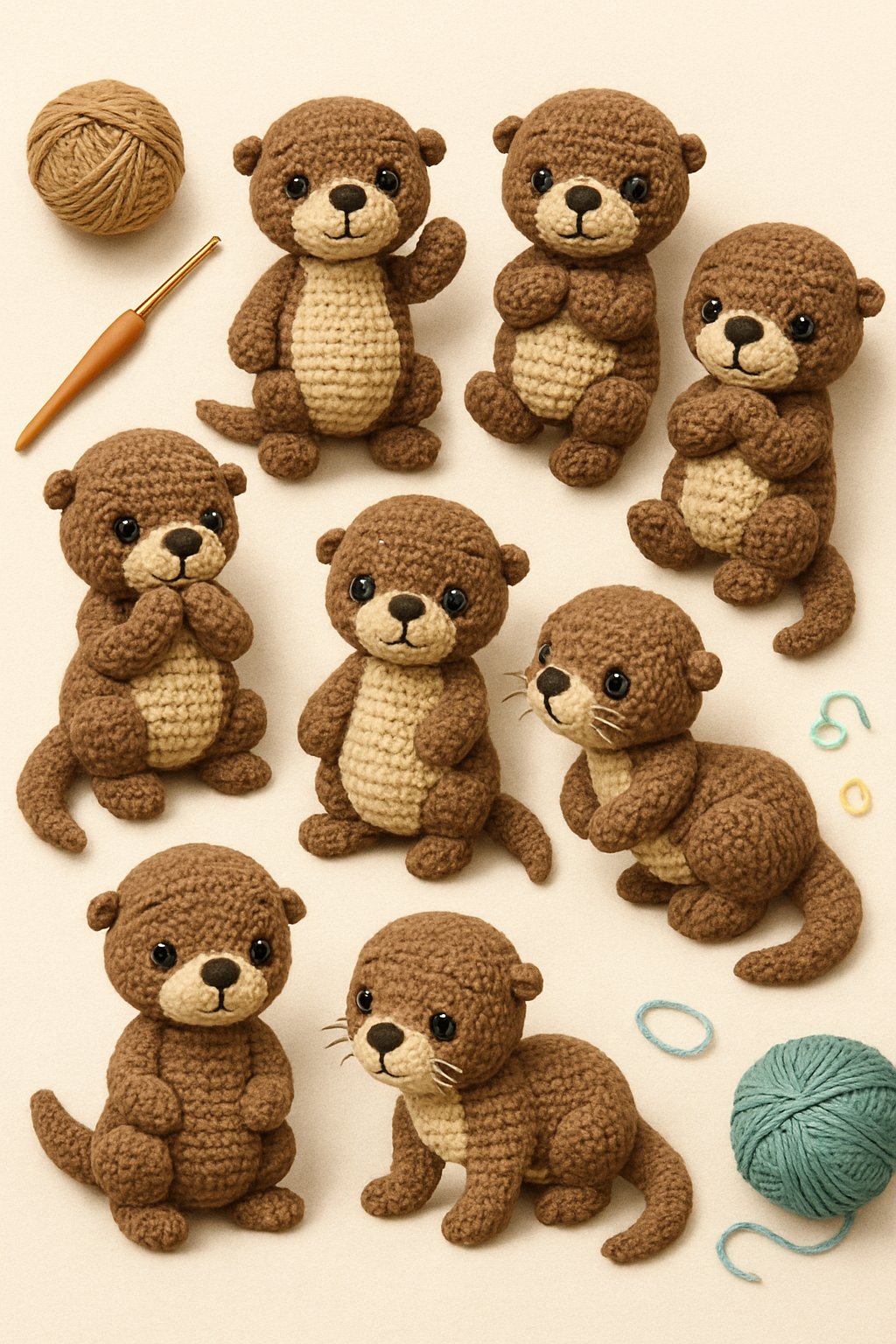 A collection of eight handmade crochet otter toys displayed together with crochet tools and yarn.