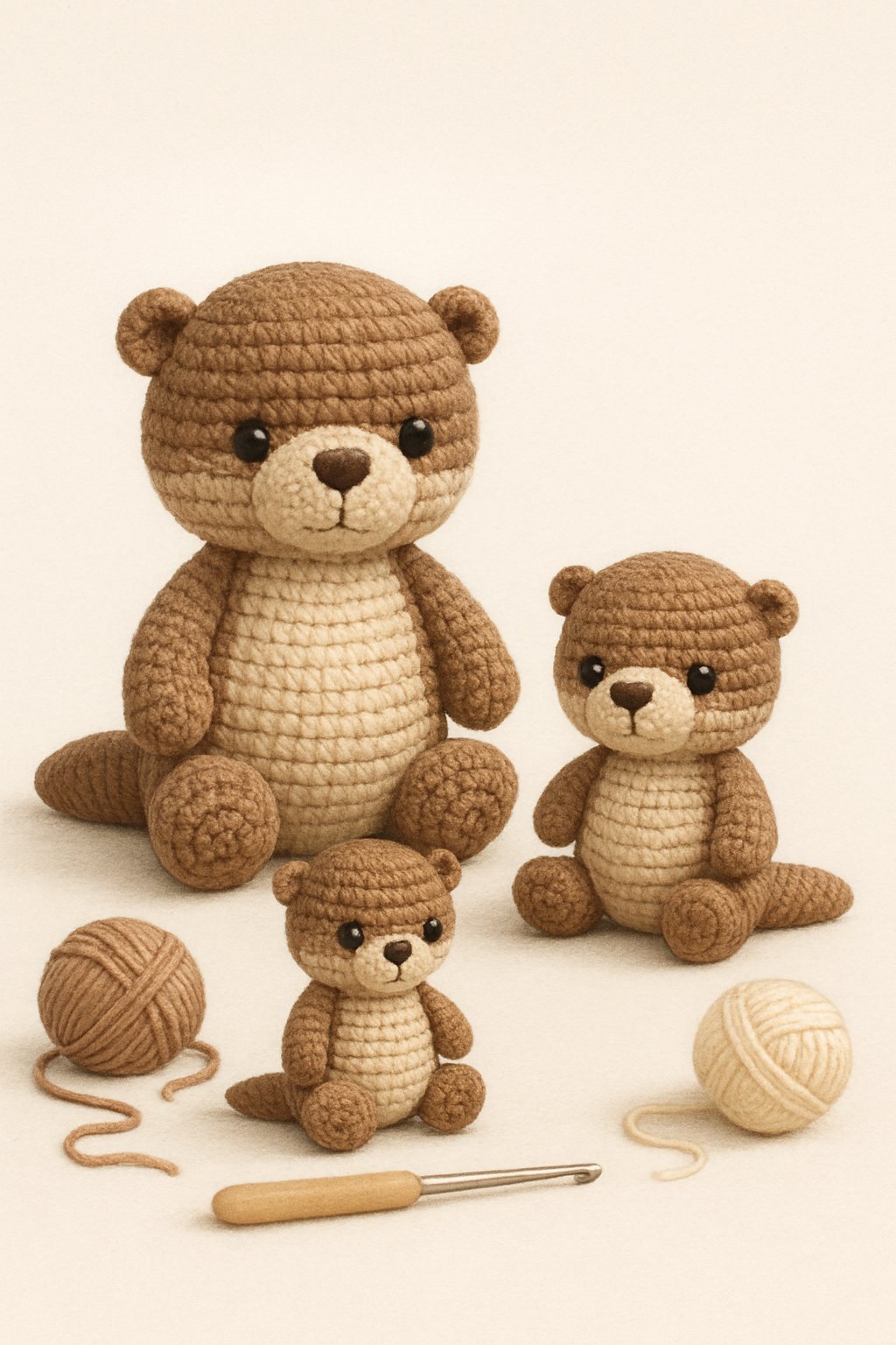 A crocheted otter toy in different sizes sitting upright with crochet tools nearby on a plain background.