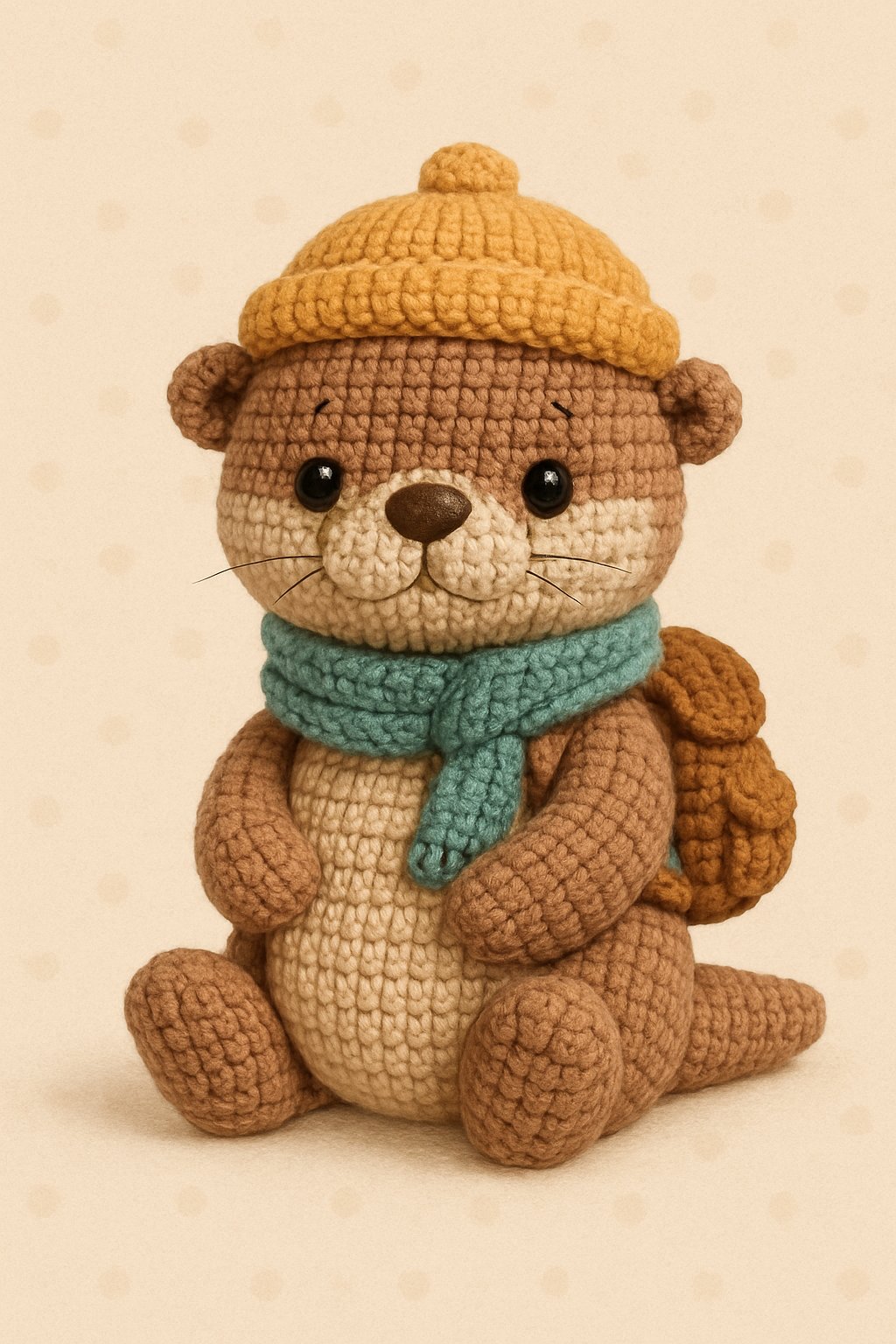 A small crocheted otter with a scarf, hat, and backpack sitting upright against a soft pastel background.
