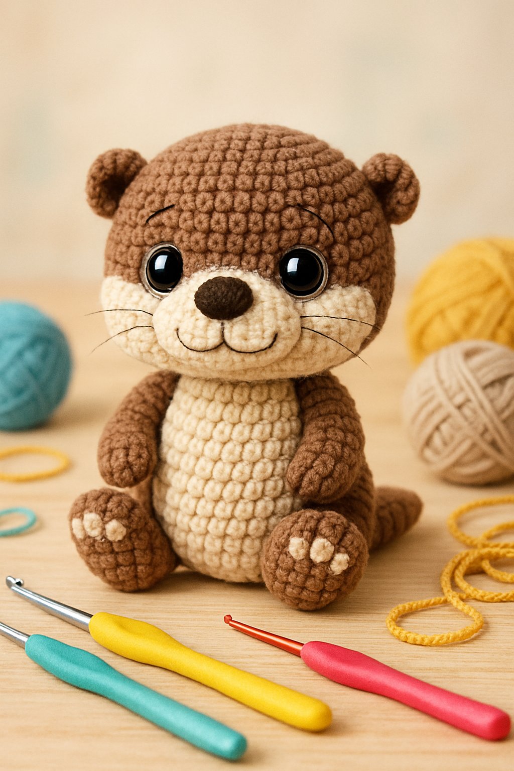 A crocheted otter toy sitting on a wooden surface surrounded by yarn and crochet hooks.
