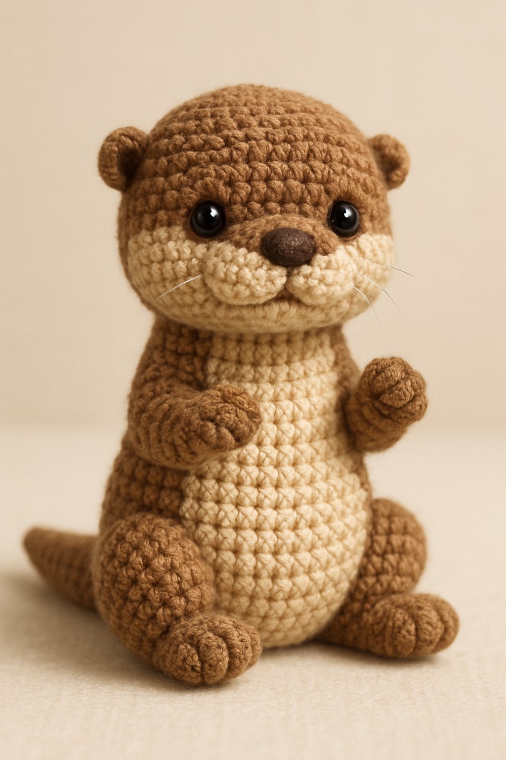 A small crocheted otter sitting upright with detailed yarn texture and natural brown and cream colors.