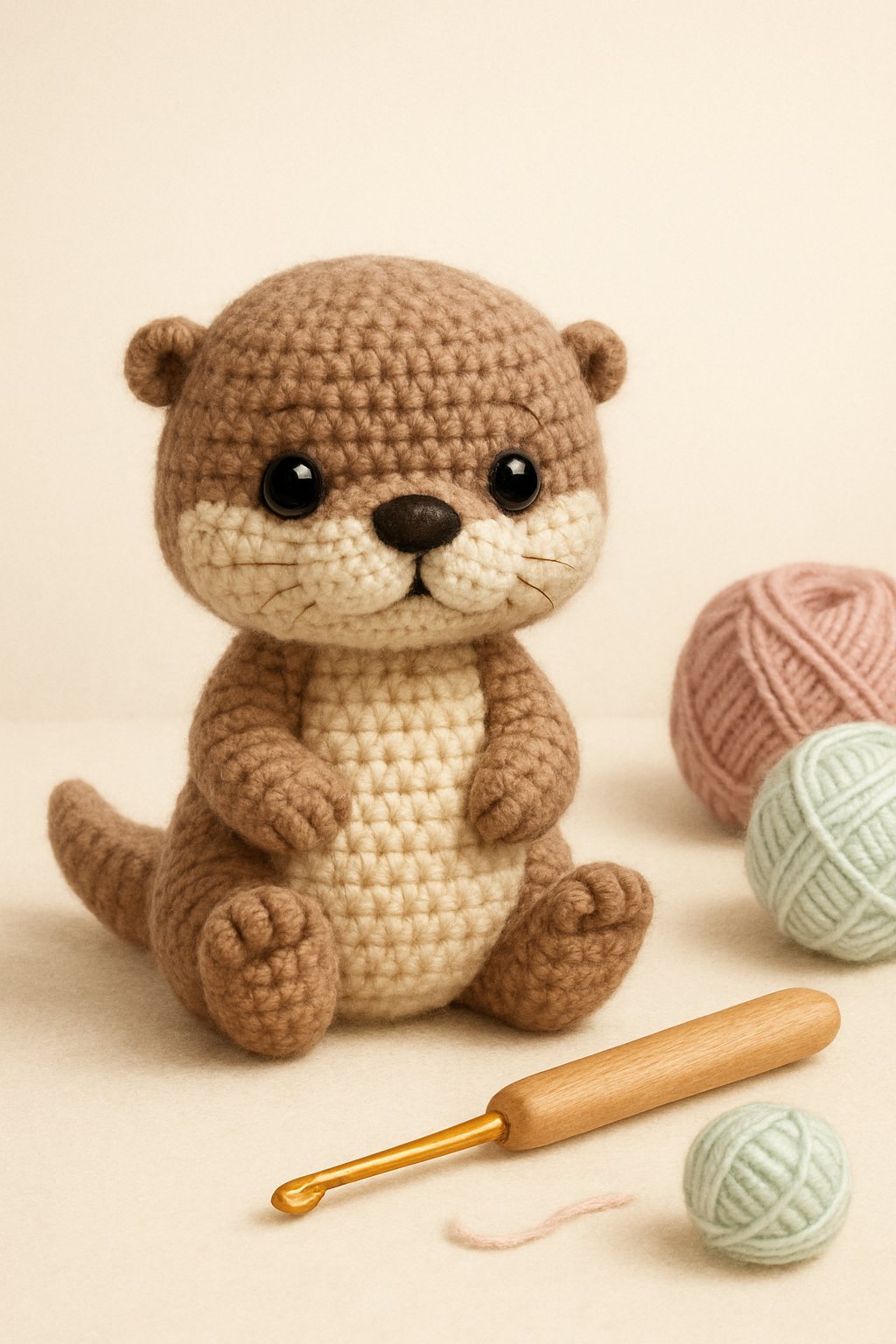 A small crocheted otter toy sitting upright with crochet tools and yarn nearby.