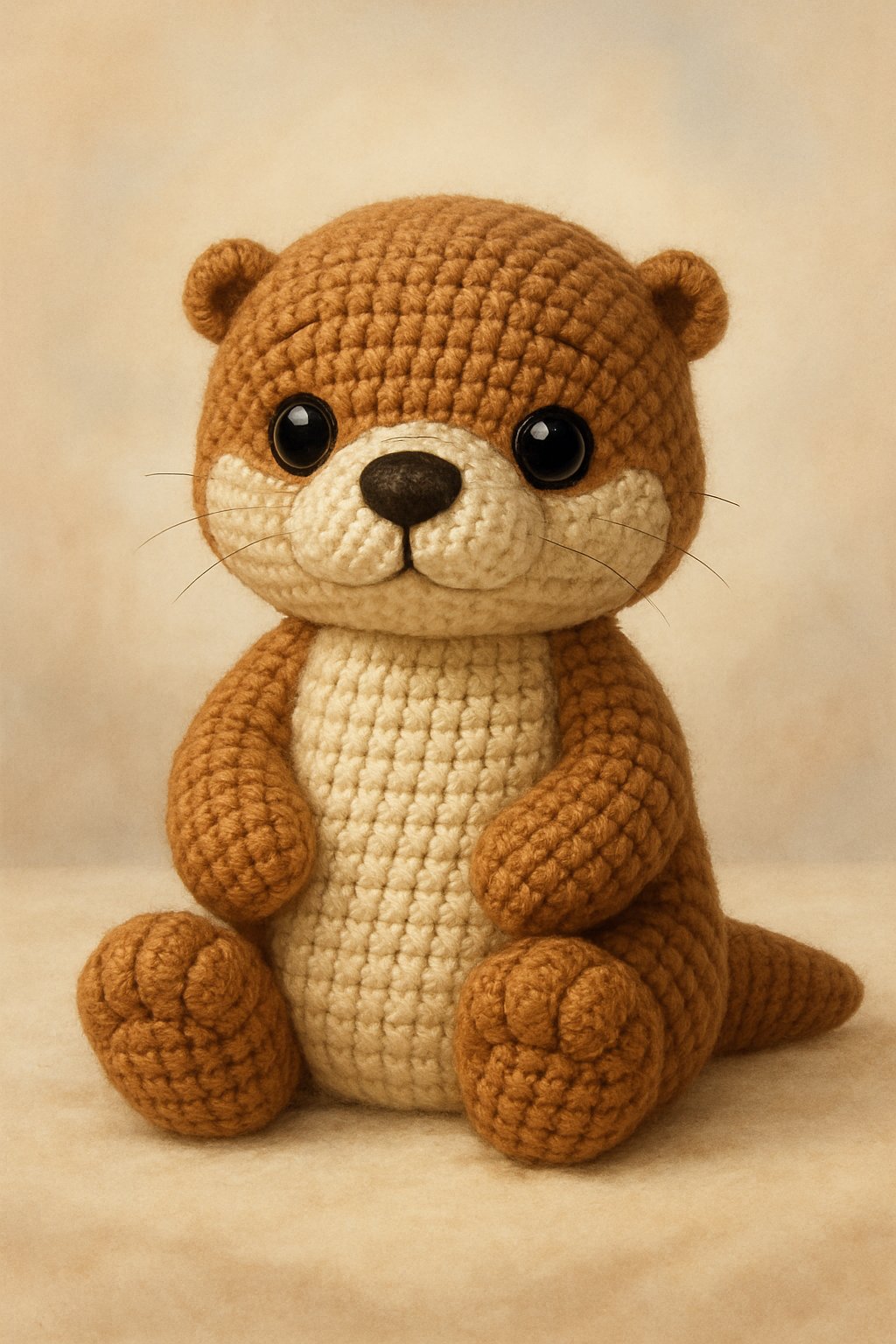 A crocheted otter toy sitting upright with large eyes and a gentle smile on a soft surface.